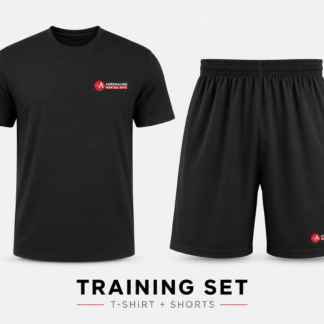 Black Adrenaline Martial Arts Summer Training Uniform featuring lightweight performance training shorts and a cool weave athletic t-shirt with official Adrenaline Martial Arts logos. Breathable summer martial arts training set designed for comfort, movement and performance during classes and fitness training.