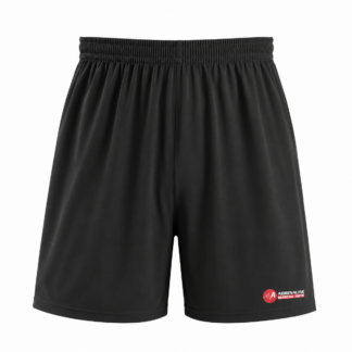Black Adrenaline Martial Arts training shorts with elasticated waistband and small official logo on lower left leg. Lightweight athletic performance shorts designed for martial arts training and fitness sessions.